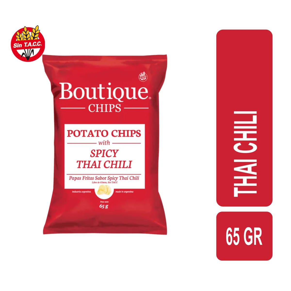 BOUTIQUE CHIPS-Chips De Papas con Spicy Tahi Chili x 65 g SIN TACC