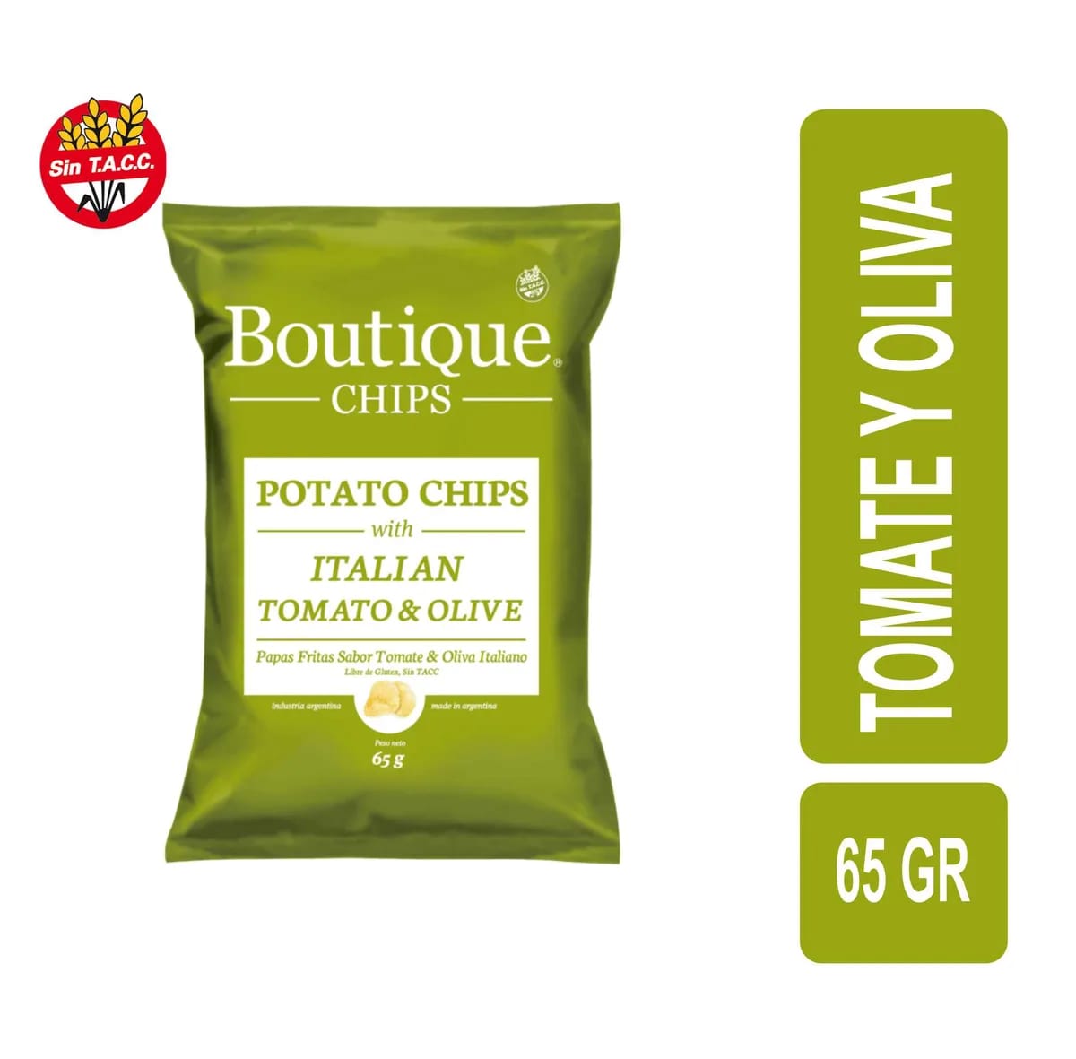 BOUTIQUE CHIPS-Papas sabor Tomate & Oliva Italiano x 65 g SIN TACC
