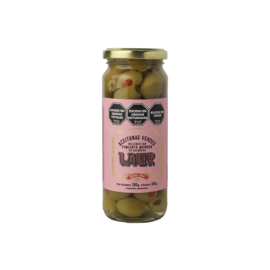 LAUR - Aceitunas Verdes Rellenas c/MORRON 200gr. TAPA ROSA